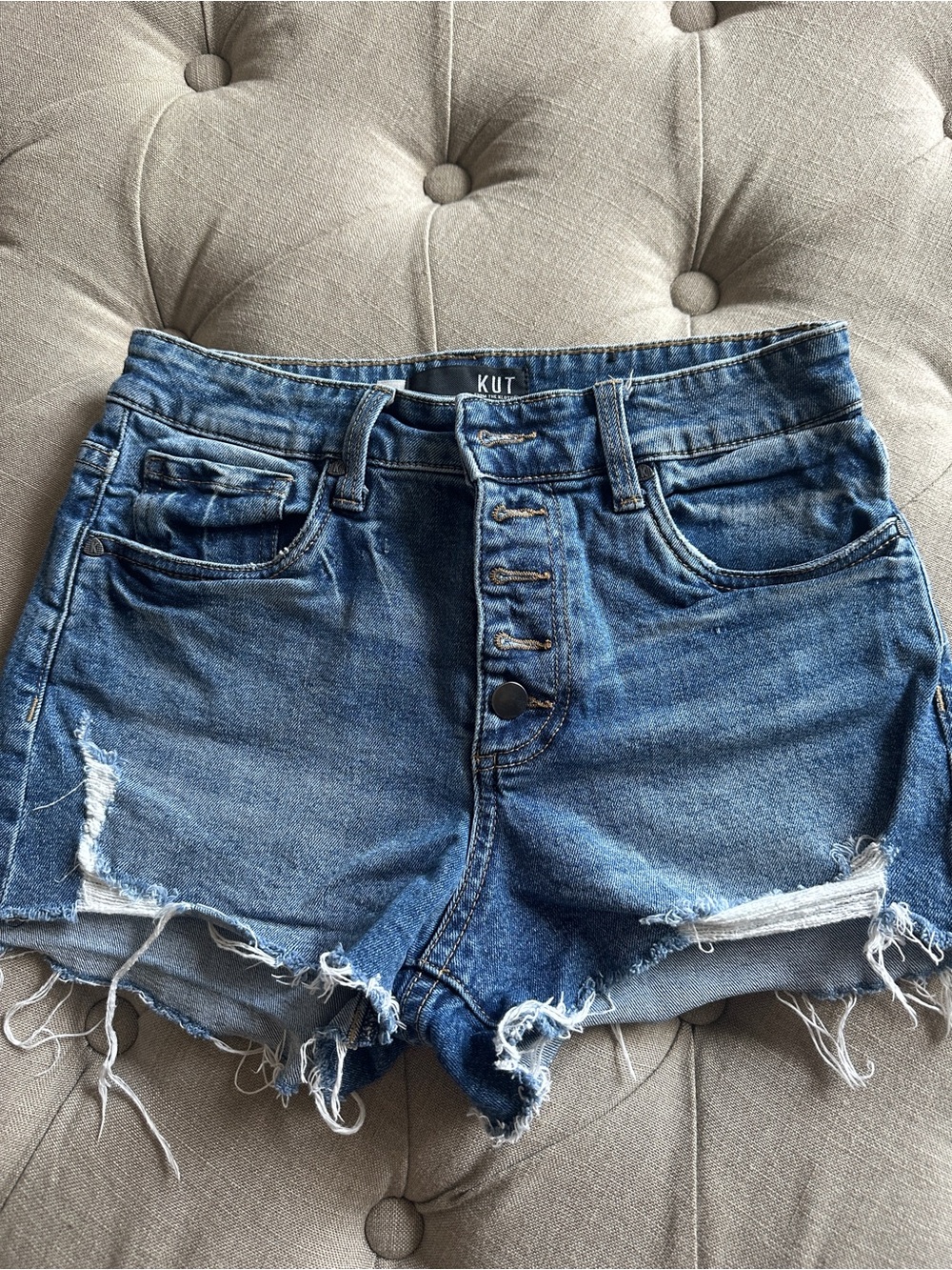 Kut from the Kloth Medium Blue High-Rise Distressed Denim Shorts